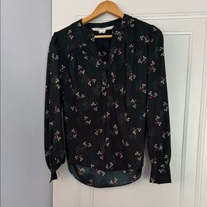 Veronica Beard Dark Green Long Sleeve Blouse with Mandarin Collar